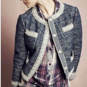 Anthropologie Isani Women’s Embellished Tweed Jacket Blazer Navy Medium